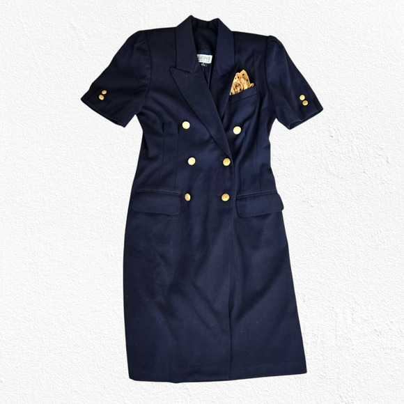 80s Vintage Navy Double Breasted Military Gold Button Wrap Blazer Dress Size 10 - Picture 1 of 16